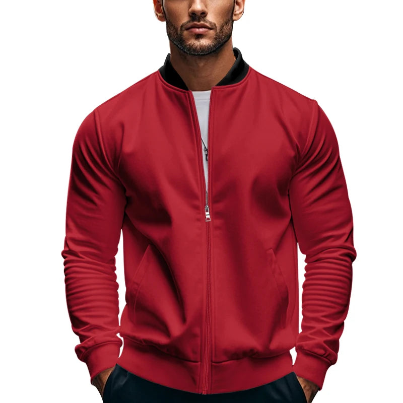 2024 New Spring And Autumn Men's Stand Collar Jacket Solid Color Leisure Sports Long Sleeve Zipper Coat Straight Tube Large Size