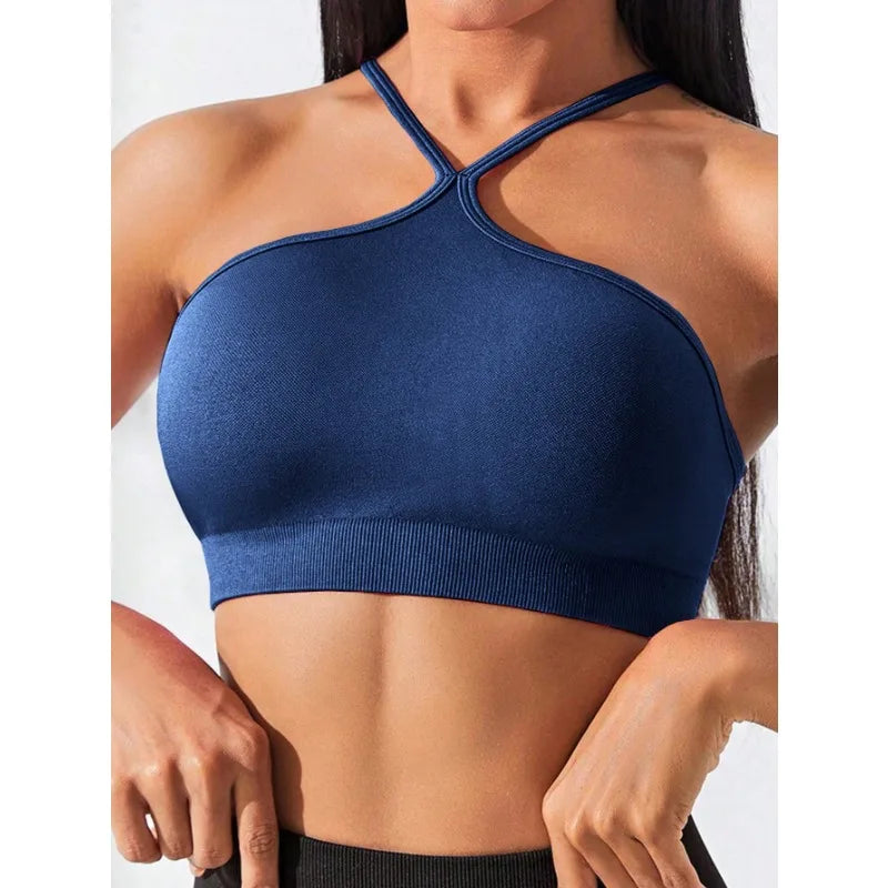 Women's Criss Cross Slim Fit Sports Cami Top Seamless Halter Crop Tee Shirt Tops Workout Tops