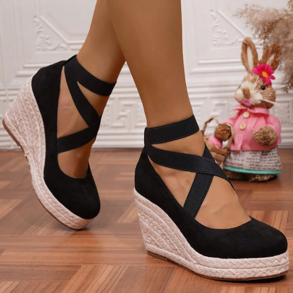 Women's Suede Espadrille Wedge Sandals Closed Toe Elastic Ankle Strap Platform Heels Casual Summer Wedge Shoes Beach Sandals