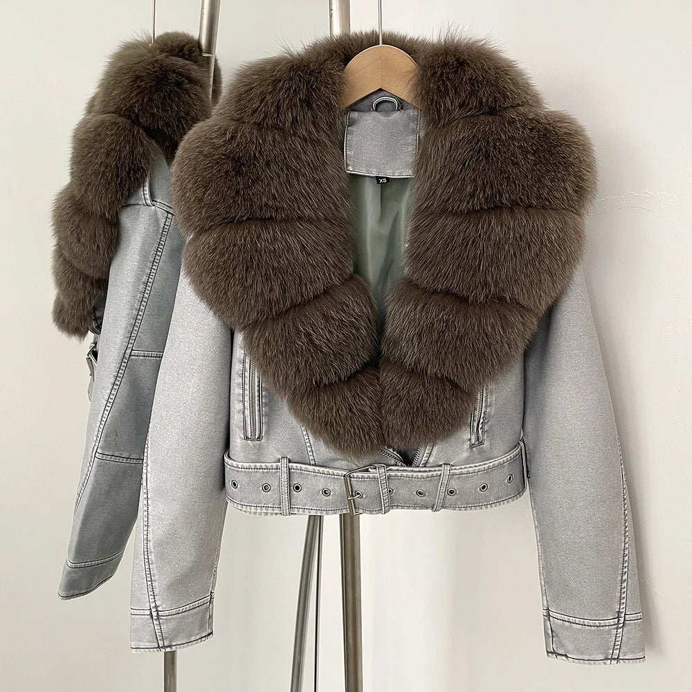 Elegant Faux Leather Jacket Female New Natural Fox Fur Autumn Short Top Clothing PU Women Long Sleeve Fake Leather Real Fur Coat