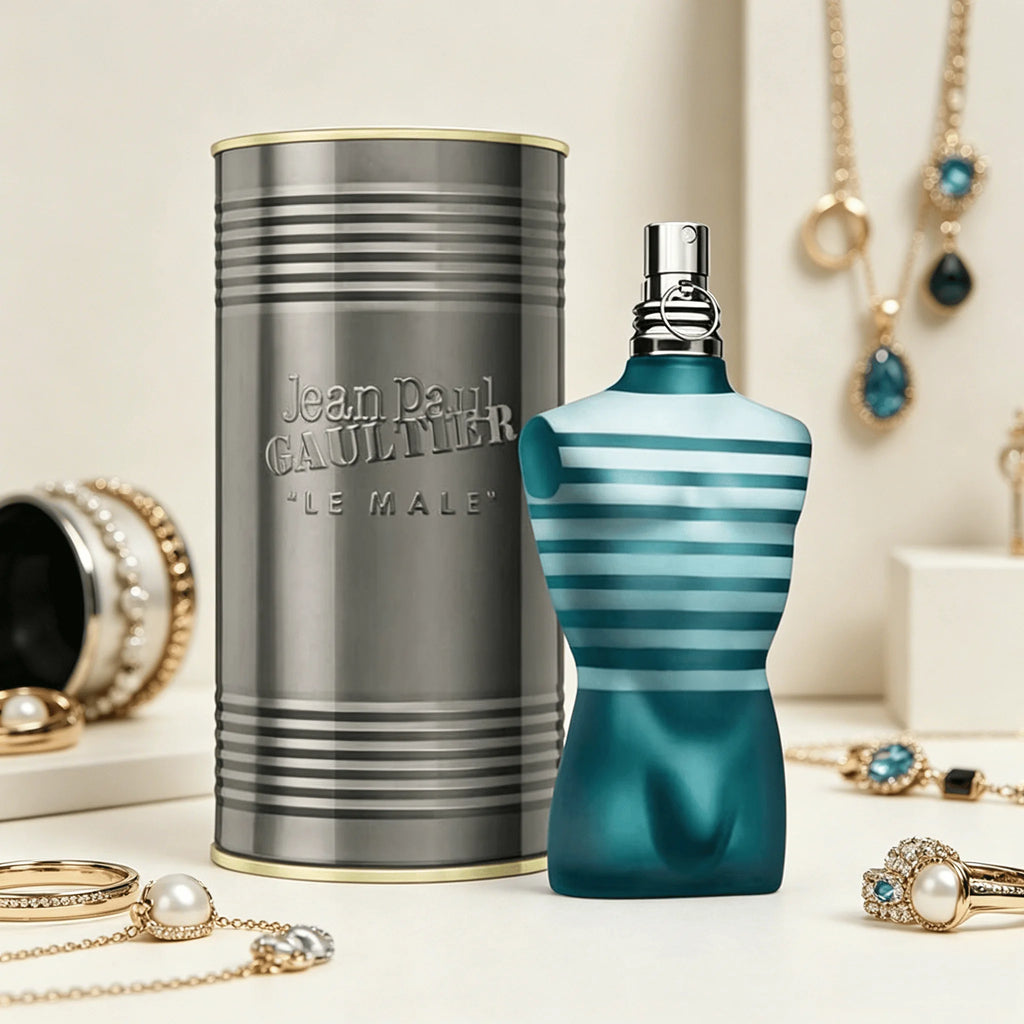 Jean Paul Gaultier Le Male Eau De Toilette 125ML With Original Silver Cylindrical Gift Box Long Lasting Fresh Mint Lavender Vanilla Woody Fragrance Men Perfume Matte Teal Striped Torso Bottle Silver Ring Cap Masculine Daily S