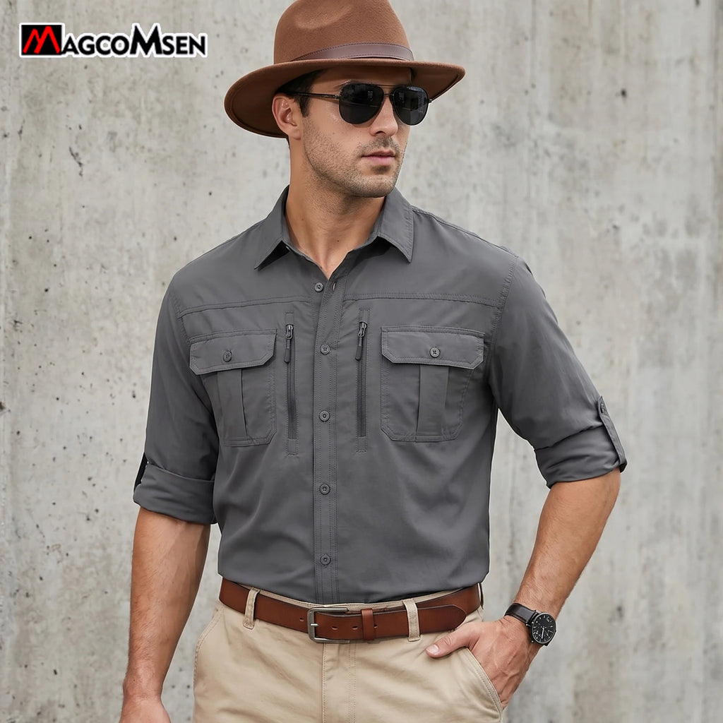 MAGCOMSEN Men UPF 50+ Safari Cargo Shirt Quick Dry Mesh Breathable Long Sleeve Zip Pockets Outdoor Hiking Fishing Work Tops