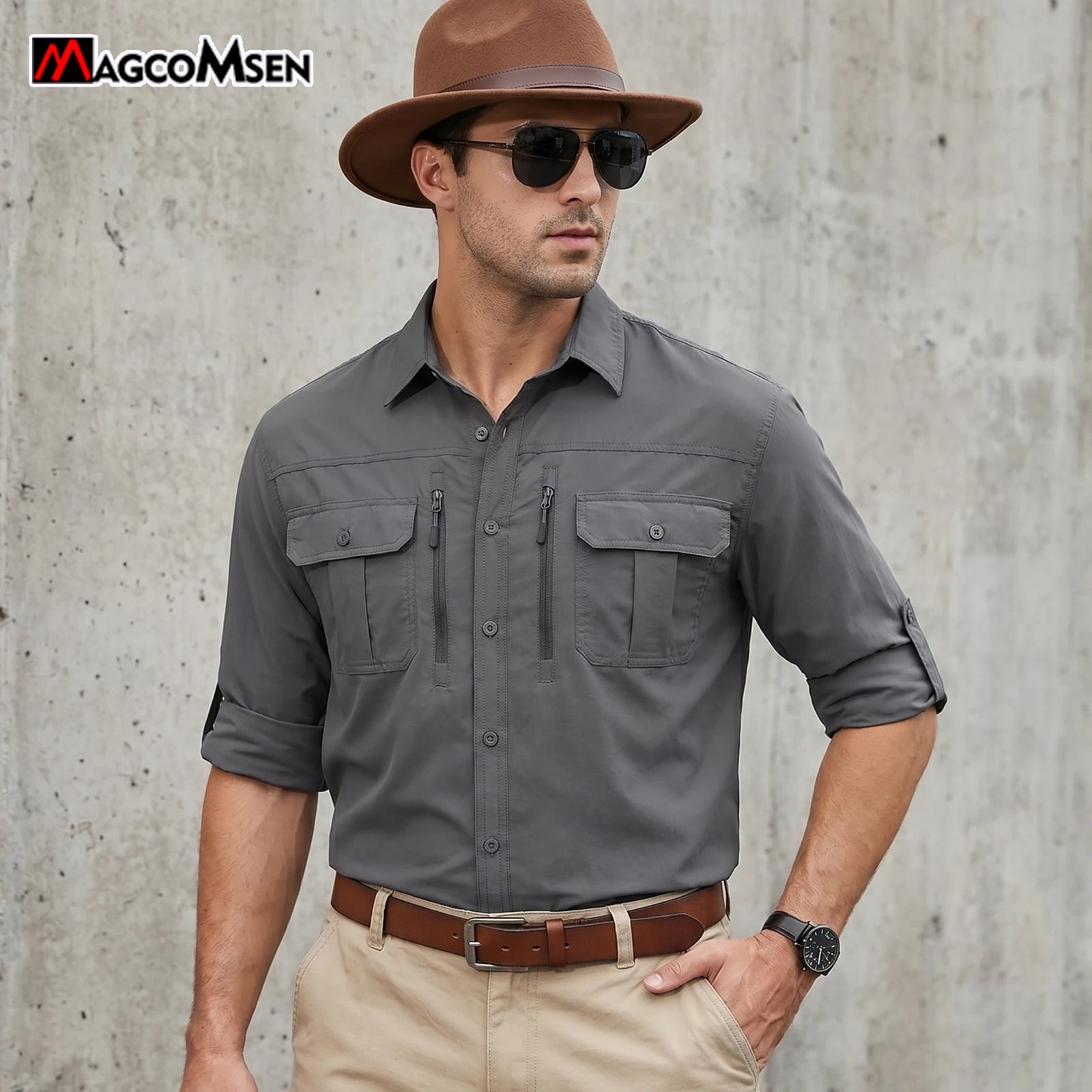 MAGCOMSEN Men UPF 50+ Safari Cargo Shirt Quick Dry Mesh Breathable Long Sleeve Zip Pockets Outdoor Hiking Fishing Work Tops