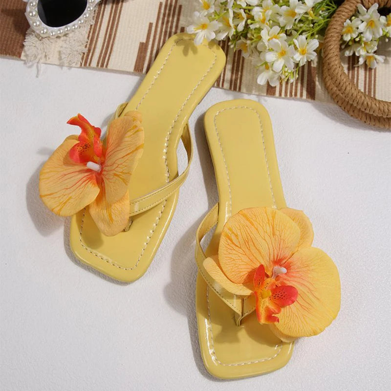 Beach Vacation Clip Toe Orchid Floral Sandals Women Yellow Bohemian Flat Flip-Flops Woman Outdoor Comfortable Soft Soles Sandals