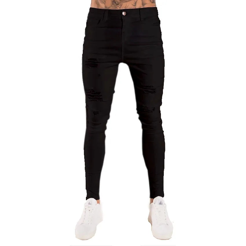 Men Jeans Knee Hole Ripped Stretch Skinny Denim Pants Solid Color Black Blue Autumn Summer Hip-Hop Style Slim Fit Trousers S-4XL