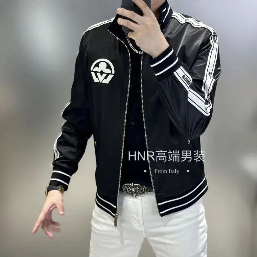 New men's stand-up neck webbing splicing letter printing pattern high quality trend casual versatile jacket