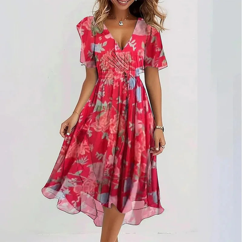 Elegant Floral Print Boho Party Dress Summer V Neck Short Sleeve Knee Length Vestidos BKLFZ-1616