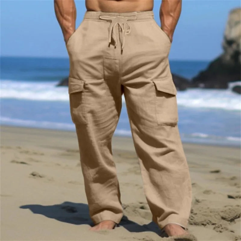 Men's Linen Cargo Pants Drawstring Multi-Pocket Straight Leg Solid Color Breathable Casual Outdoor Trousers