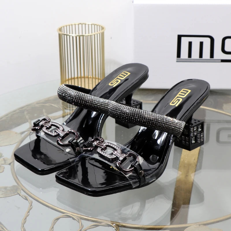 Women's slippers 2026 summer fashion Transparent belt metal decoration box shaped square Alien heel high heels wearing sandals
