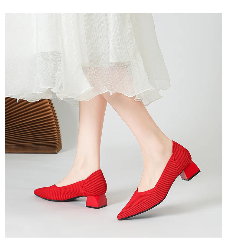 2026 New Women's High Heels Large 42/43 Fashion Pointed Anti slip Rubber Bottom Knitted Breathable Shoes