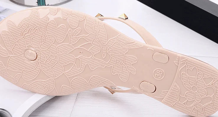 Women Low Pricing  Jelly Shoes Rivets Studs Bow-Knot Leisure Daily Flip-Flops For Raining Days Anti-Slip Flat Slippers Zoris 36