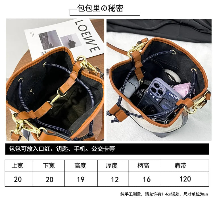 Canvas Bucket Bag Luxury Designer Handbags Women PU Shoulder Bag Fashion Crossbody Daily Commuting Tote Bag