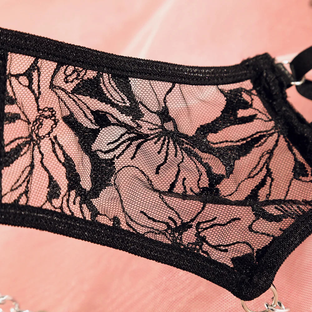 Fancy Floral Embroidery Lingerie Set Sexy Women Transparent Mesh Sheer Erotic Suit Metal Chain Bra Thong Garter Underwear Set