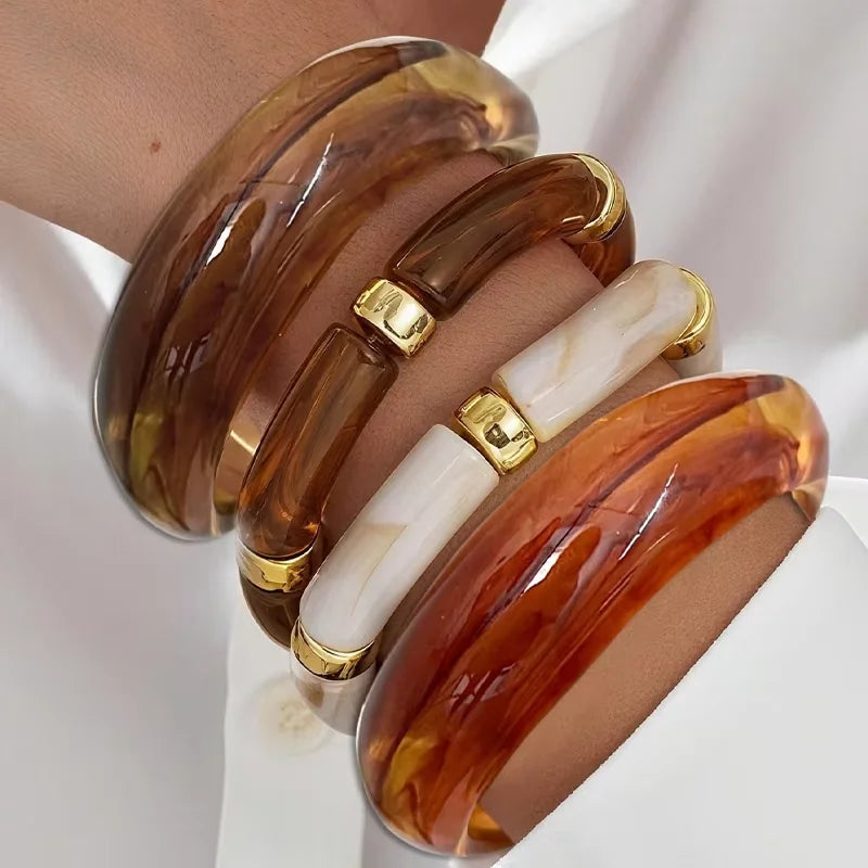4pcs Vintage Stackable Resin Acrylic Bracelets for Women Bohemian Chunky Round Tube Beaded Elastic Bangle Bracelet Jewelry Gifts