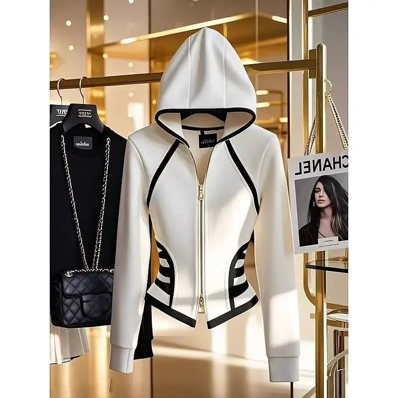 French Elegance White Black Patchwork Hooded Sweatshirt Women Jacket Waist 2025 Casual Office Lady High End Crop Top Zipper Coat