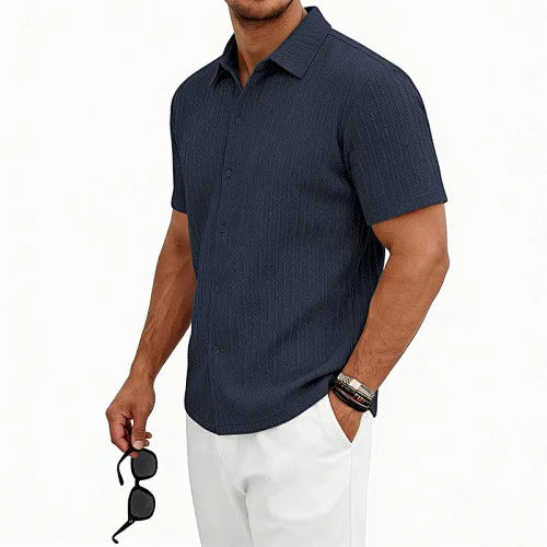European and American Men's Casual Jacquard Shirt Men's Summer Solid Color Lapel Breathable Men's Short-Sleeved Shirt Top
