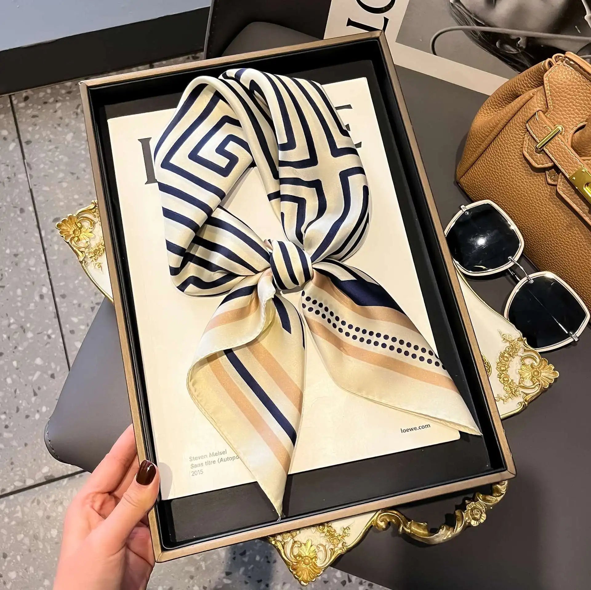 Luxury Satin Imitation Print Silk Scarf Square Women Neck Scarves Wrap Headkerchief Beach Hair Band Women's Bandana