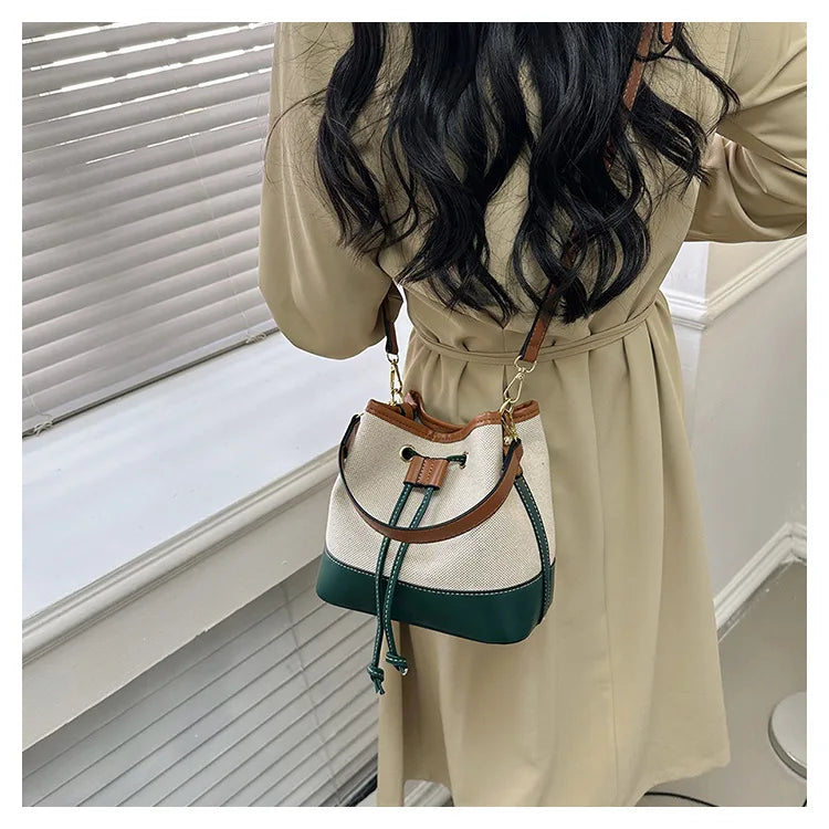Canvas Bucket Bag Luxury Designer Handbags Women PU Shoulder Bag Fashion Crossbody Daily Commuting Tote Bag