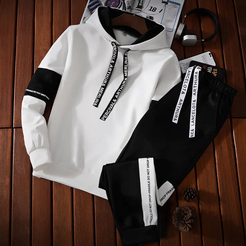 Autumn Unisex Korean Color Block Hooded Two Piece Tracksuit Letter Print Drawstring Hoodie Jogger Pants Loose Hip Hop Student Da