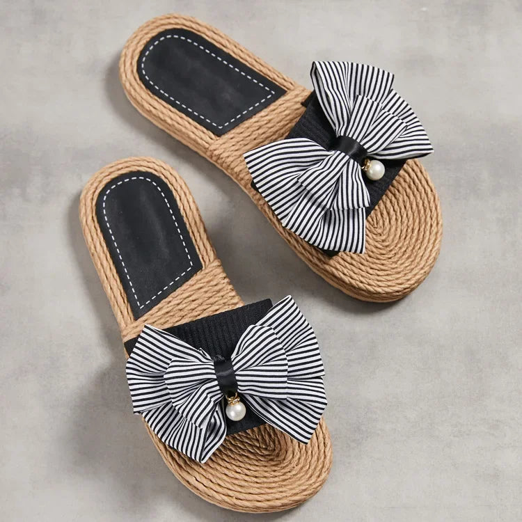 Female Summer Slippers Artificial Straw Sole Shoes Lady Summer Indoor Flat with Flip Flops Stitching Floral Women Slippers