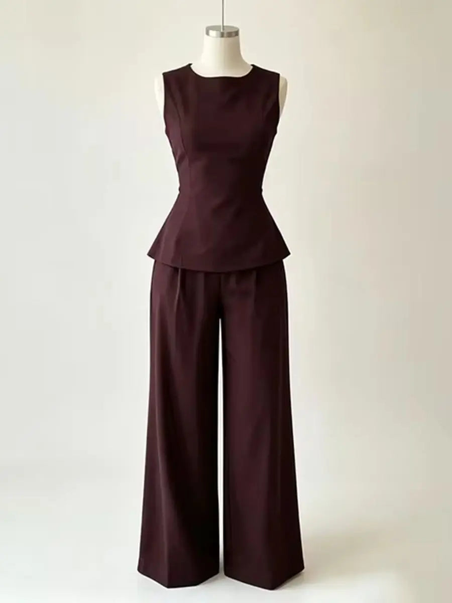 2026 Women Elegant Back Tie Sleeveless Peplum Top + Wide Leg Pants 2 Piece Casual Set