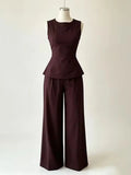 2026 Women Elegant Back Tie Sleeveless Peplum Top + Wide Leg Pants 2 Piece Casual Set