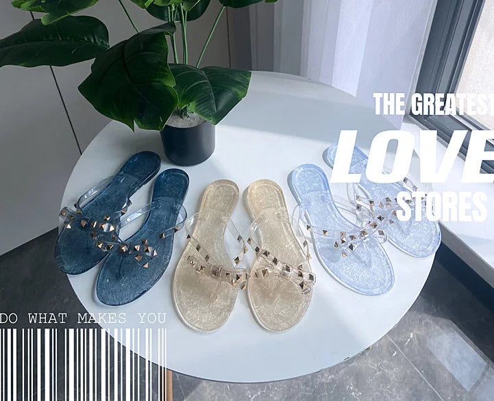 Ladies Leisure Waterproof Shoes Summer Zoris Slippers In Flats Clear Yellow Flip-Flops With Gold Stud Bow-Knot PVC Slides 36-42