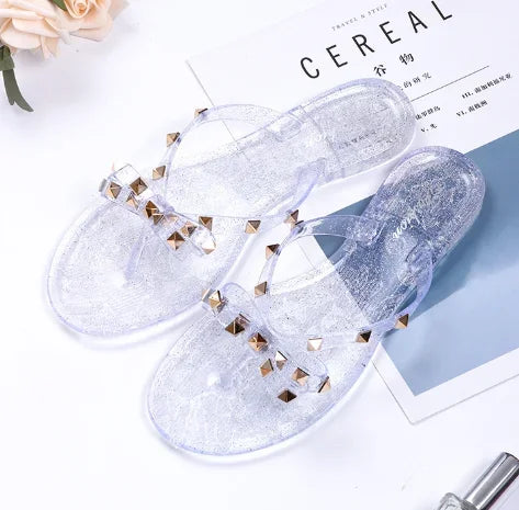 Women Low Pricing  Jelly Shoes Rivets Studs Bow-Knot Leisure Daily Flip-Flops For Raining Days Anti-Slip Flat Slippers Zoris 36
