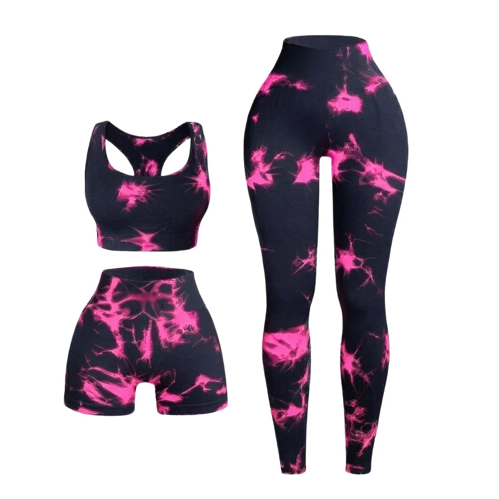 Body Contouring 3 Piece Seamless Yoga Set V-Shape High Waist Leggings Tiger Stripe Sports Bra and Shorts Fitness Wear