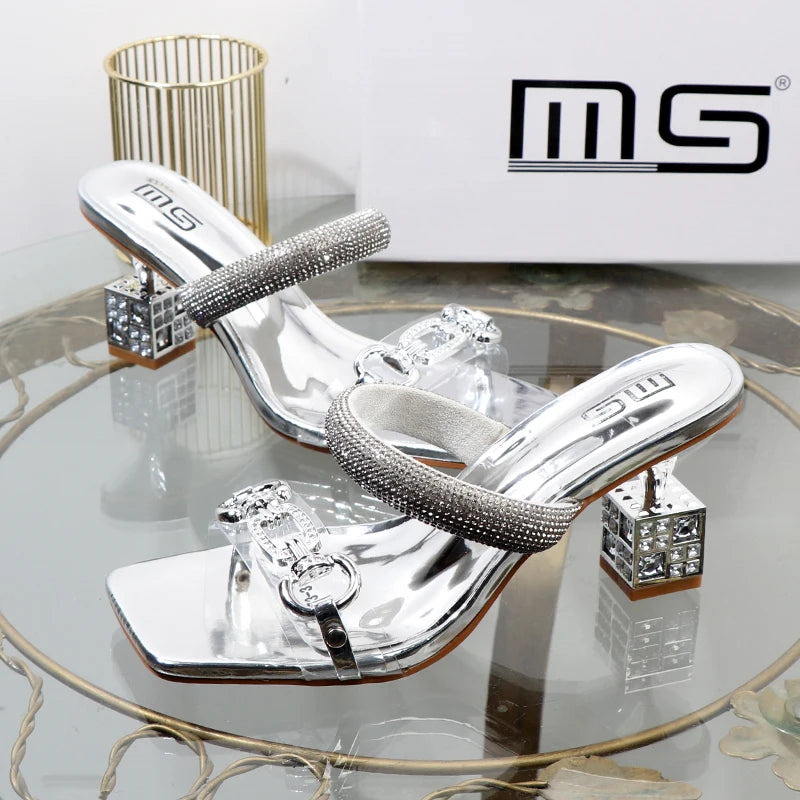 Women's slippers 2026 summer fashion Transparent belt metal decoration box shaped square Alien heel high heels wearing sandals
