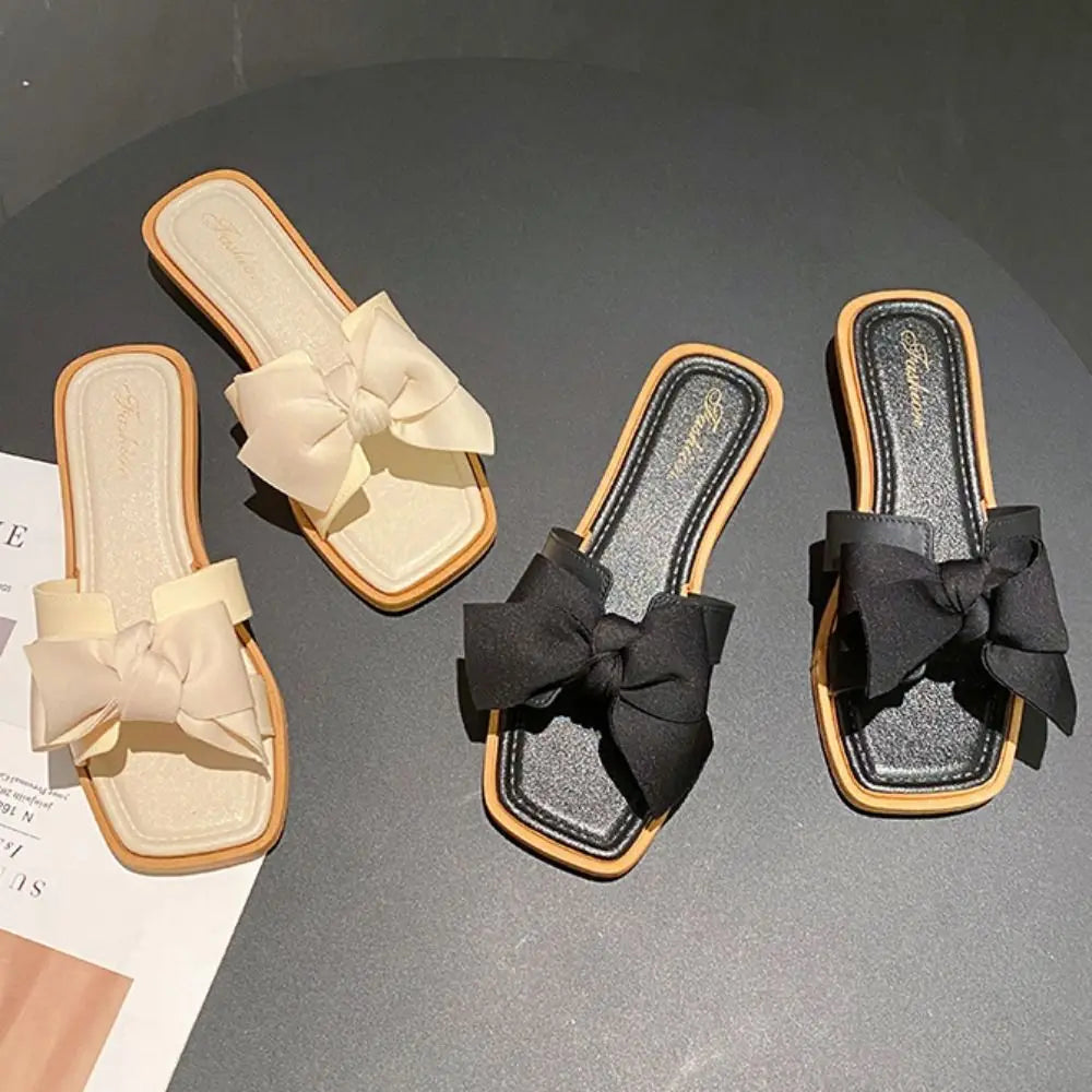 Elegant Soft Sole Bowknot Slippers Anti Slip PVC Flat Slides Sandals Beachwear Sweet Slippers Women Ladies