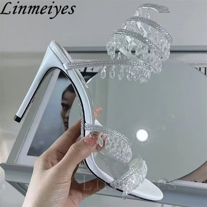 Summer High Heels Sandals Women Rhinestone String Bead Ankle Snake Twine Around Wedding Shoes Lady Gladiator Sandals Woman