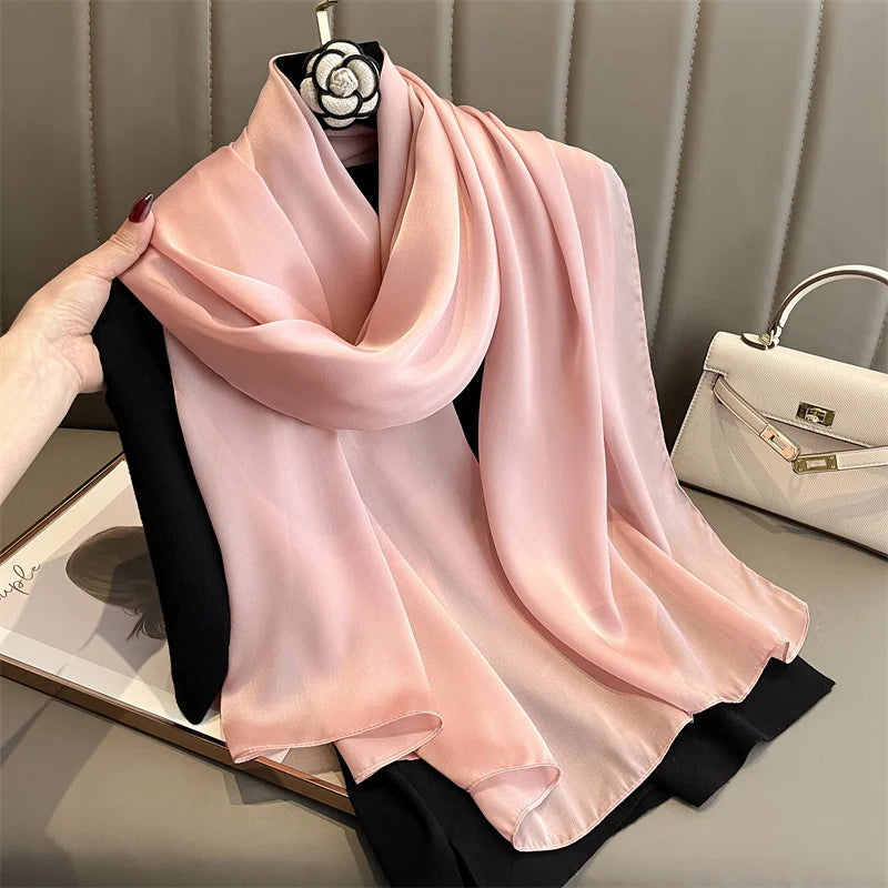2024 Luxury Brand Silk Scarf for Women Large Shawl Wrap Headband Solid Design Hijab Beach Stoles Female Foulard Echarpe Bandana