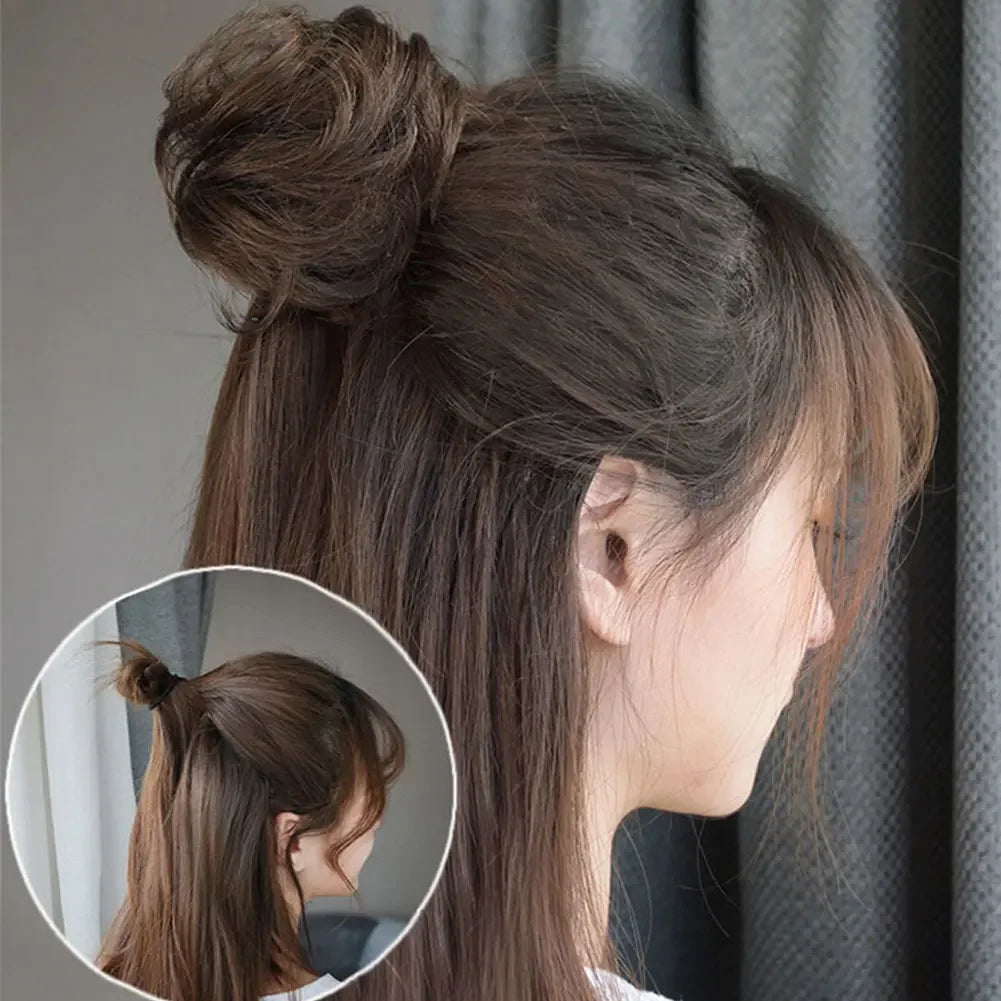 Girls Curly Scrunchie Chignon Band Brown Black Synthetic Hair Ring Wrap On Messy Bun Ponytails Straight Hair Tie