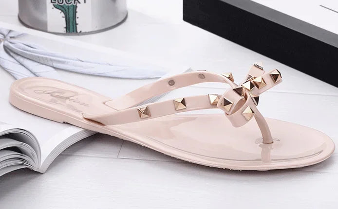 Women Low Pricing  Jelly Shoes Rivets Studs Bow-Knot Leisure Daily Flip-Flops For Raining Days Anti-Slip Flat Slippers Zoris 36