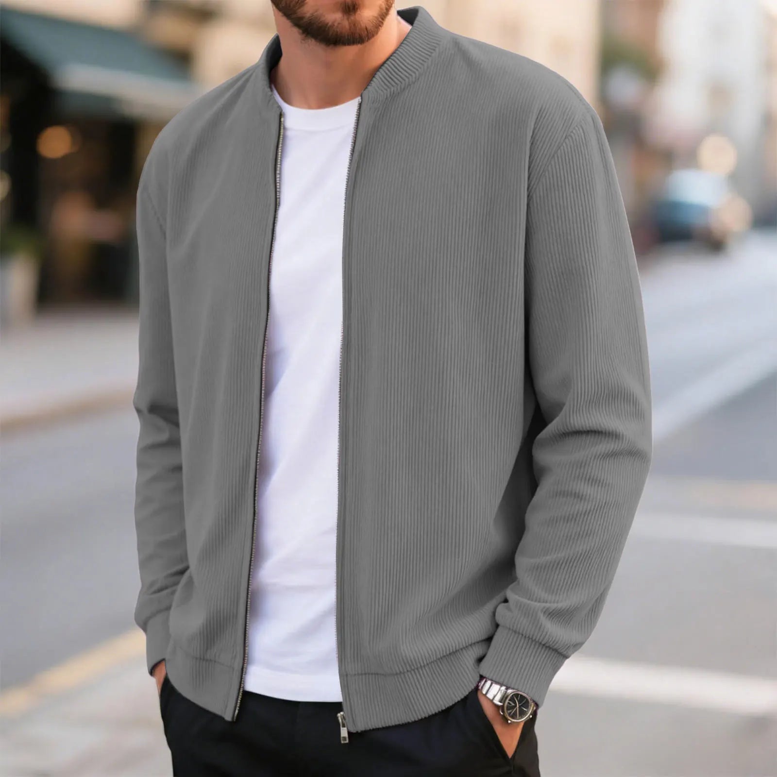 Corduroy Solid Color Men'S Casual Coat Round Neck Zipper Long Sleeve Outerwear Autumn/Winter Stylish Male Jacket Overcoat