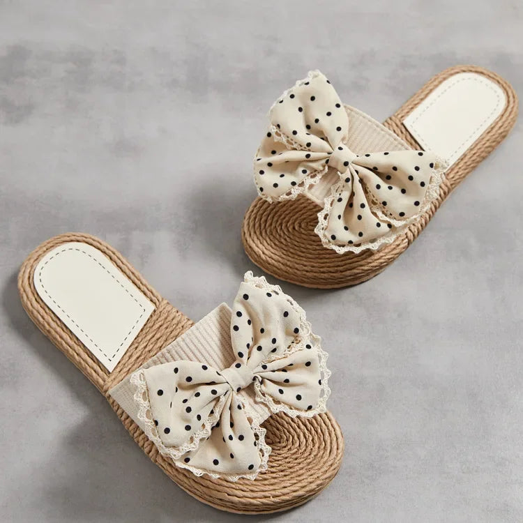 Female Summer Slippers Artificial Straw Sole Shoes Lady Summer Indoor Flat with Flip Flops Stitching Floral Women Slippers