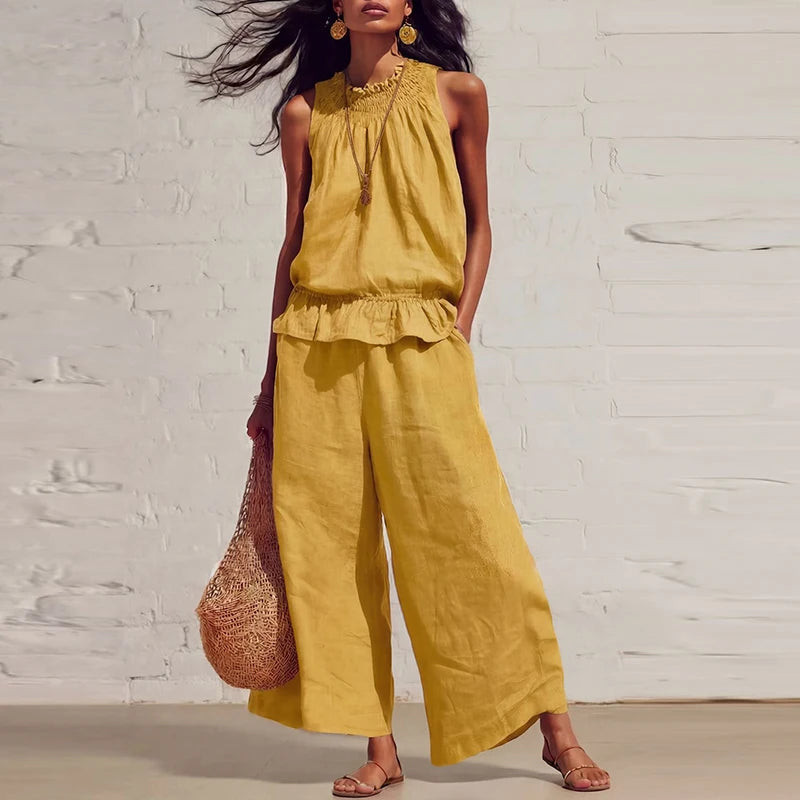 Summer Cotton Linen Solid Color Sleeveless Vest Top Women Pants Suit Casual Pocket Elegant Female Office Retro 2 Piece Set