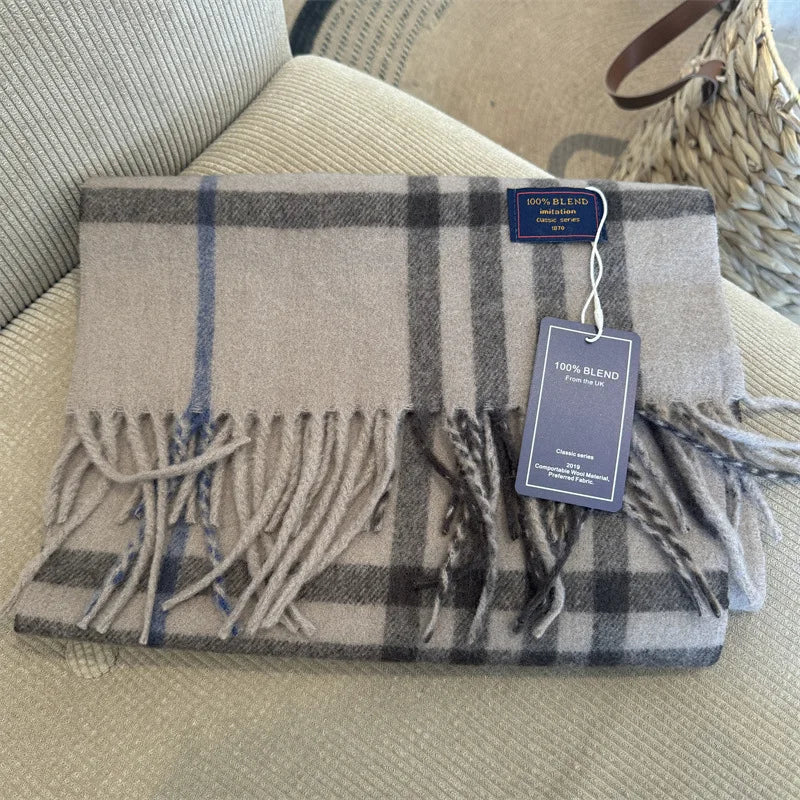 Faux Cashmere Plaid Scarf British Classic Style Light Luxury Unisex Warm Winter Autumn Neck Wrap for Couple