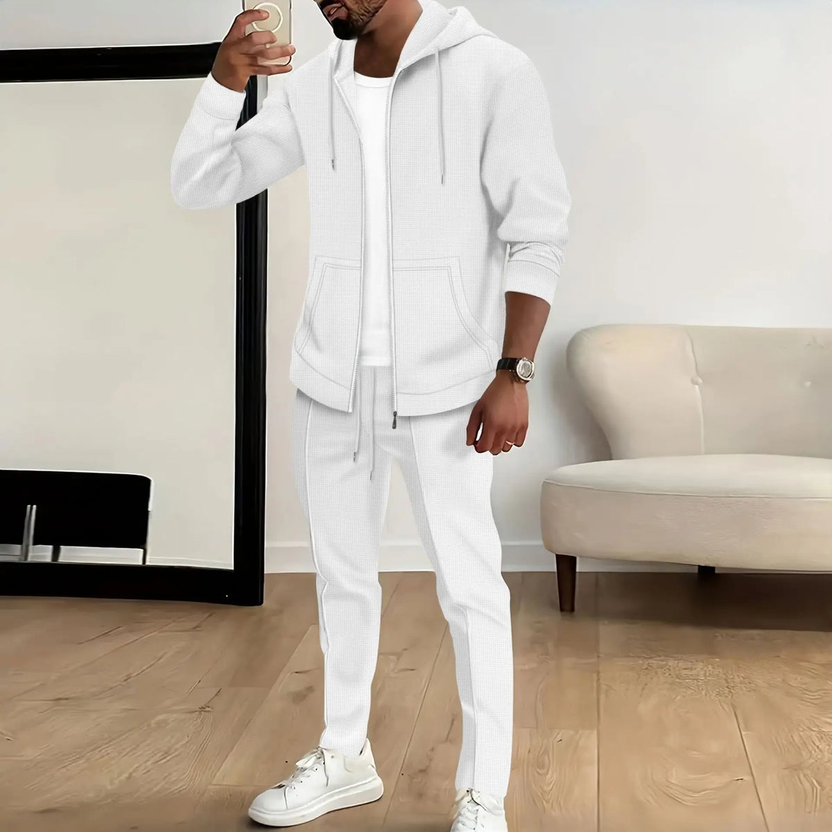 Spring and Autumn New Waffle Men's Casual Slim-Fit Hooded Long-Sleeved Cardigan Matching Color Fashion High Quality Tracksuit Pa