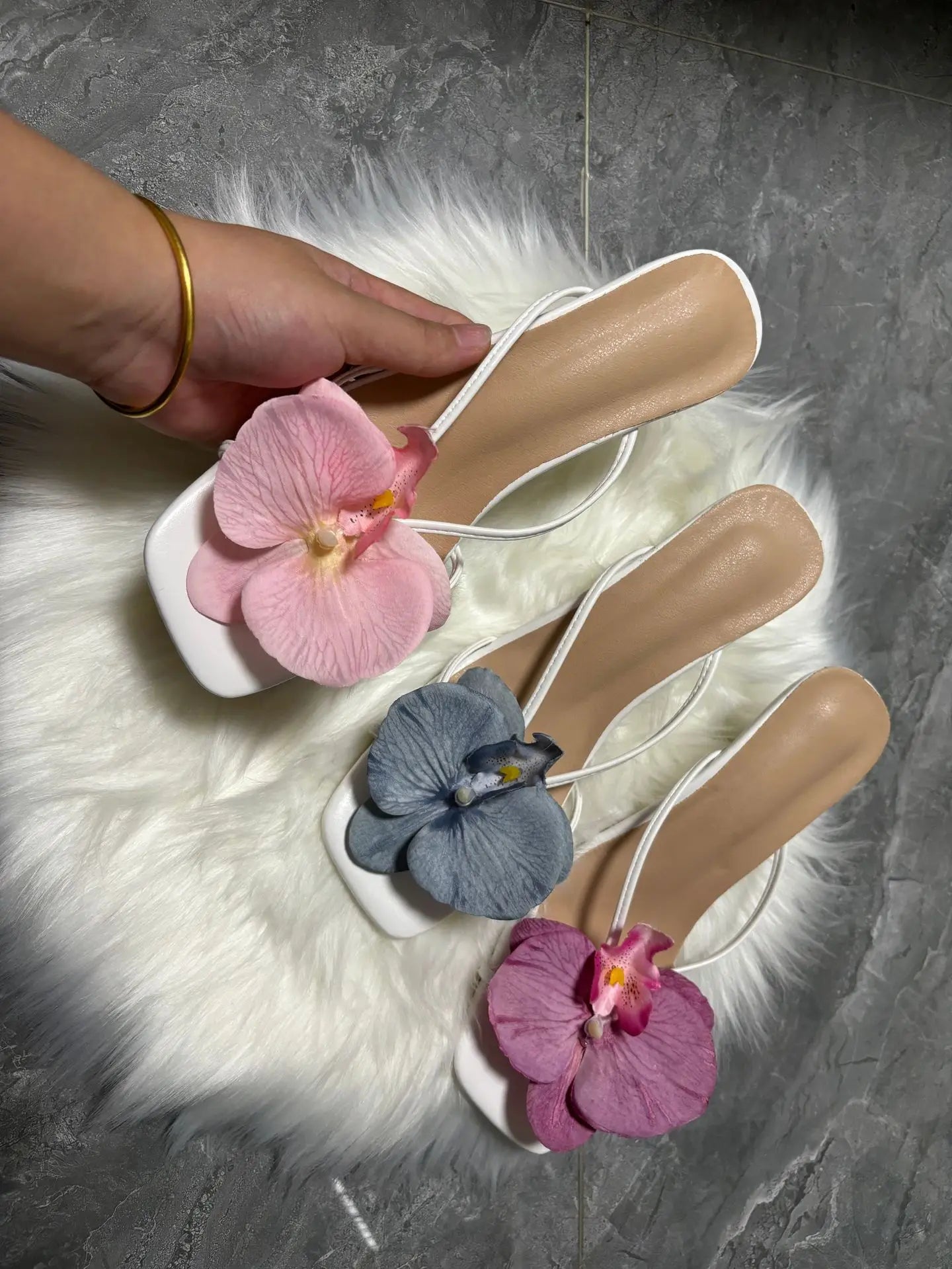 Orchid Flower Summer New High Heeled Women White Pink Blue Purple Floral Heels Square Toe Prom Slipper Slingback Shoes for Women