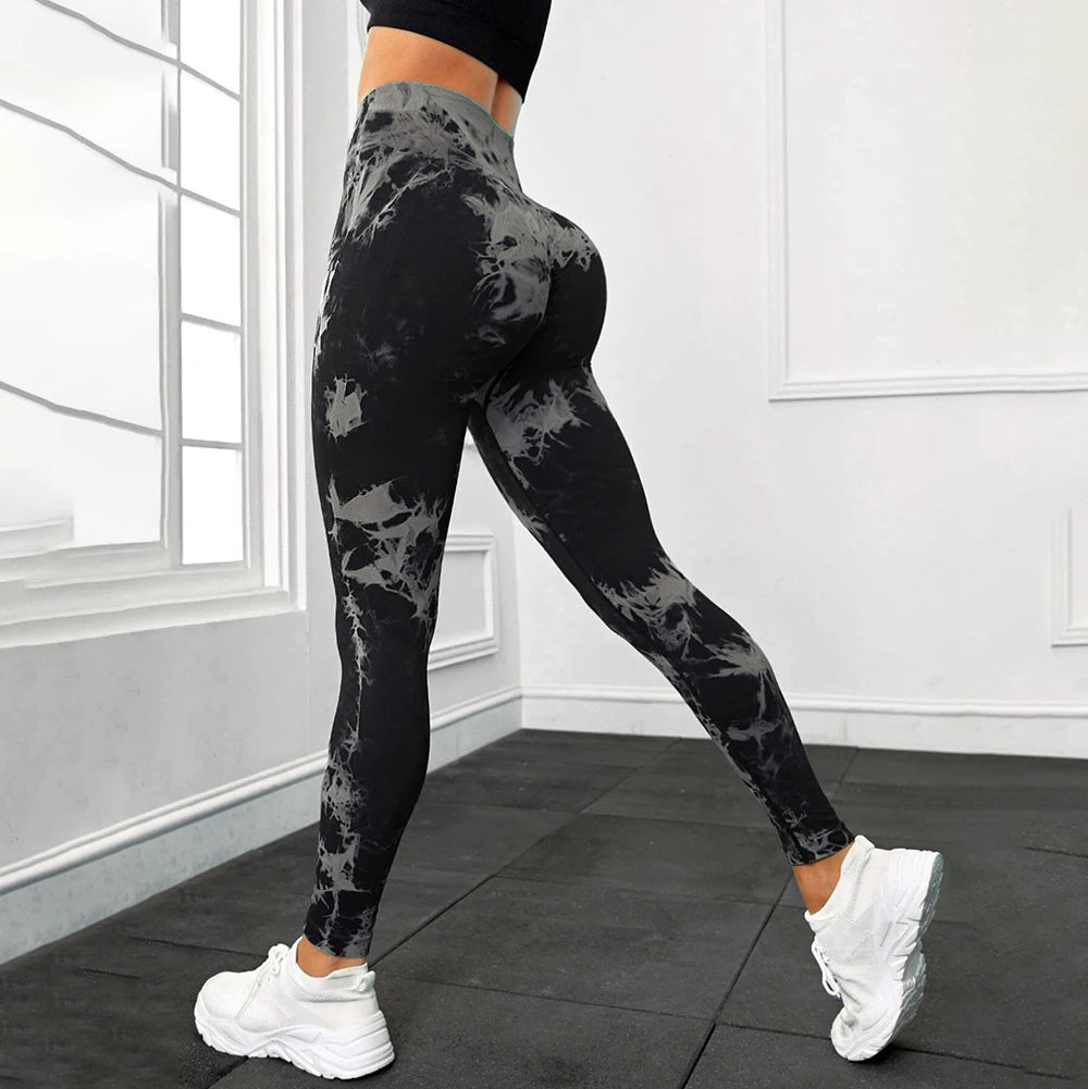 Women's High Waist Seamless Yoga Pants, Tie Dye Print Peach Shaped Butt Lifting Leggings for Running Fitness Workout