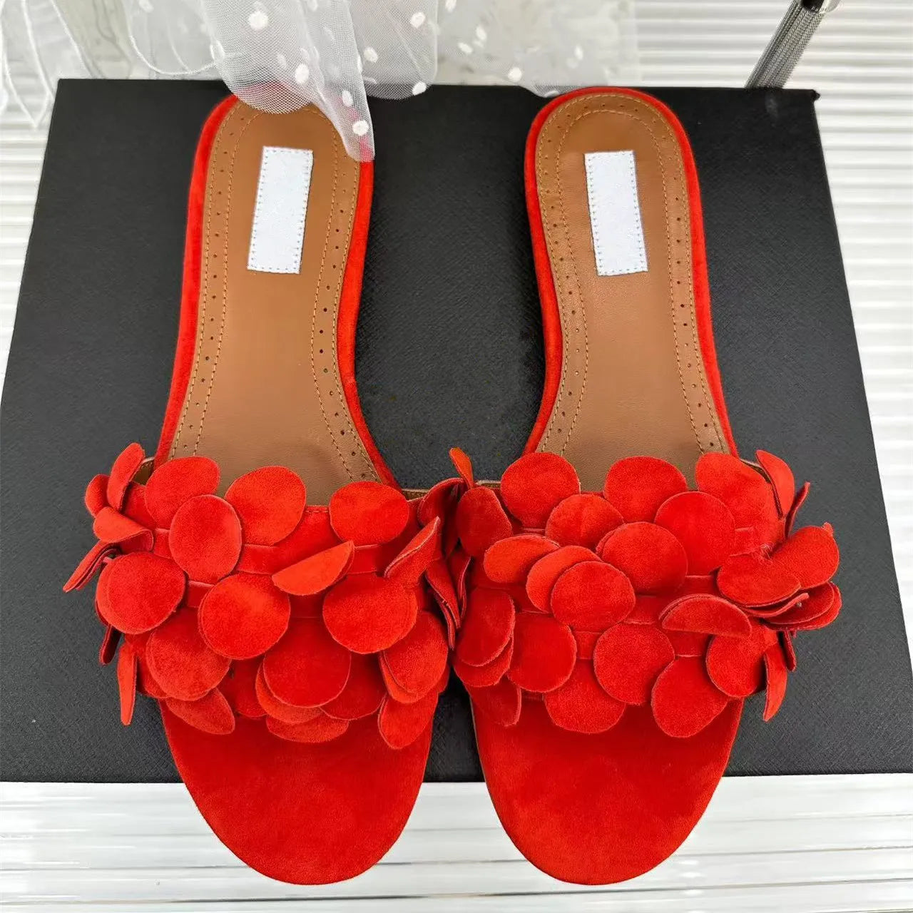 Flower Genuine Leather Flat Bottom Cool Slippers for Women's Casual Versatile One line Dragging Style Vacation Outerwear Beach S