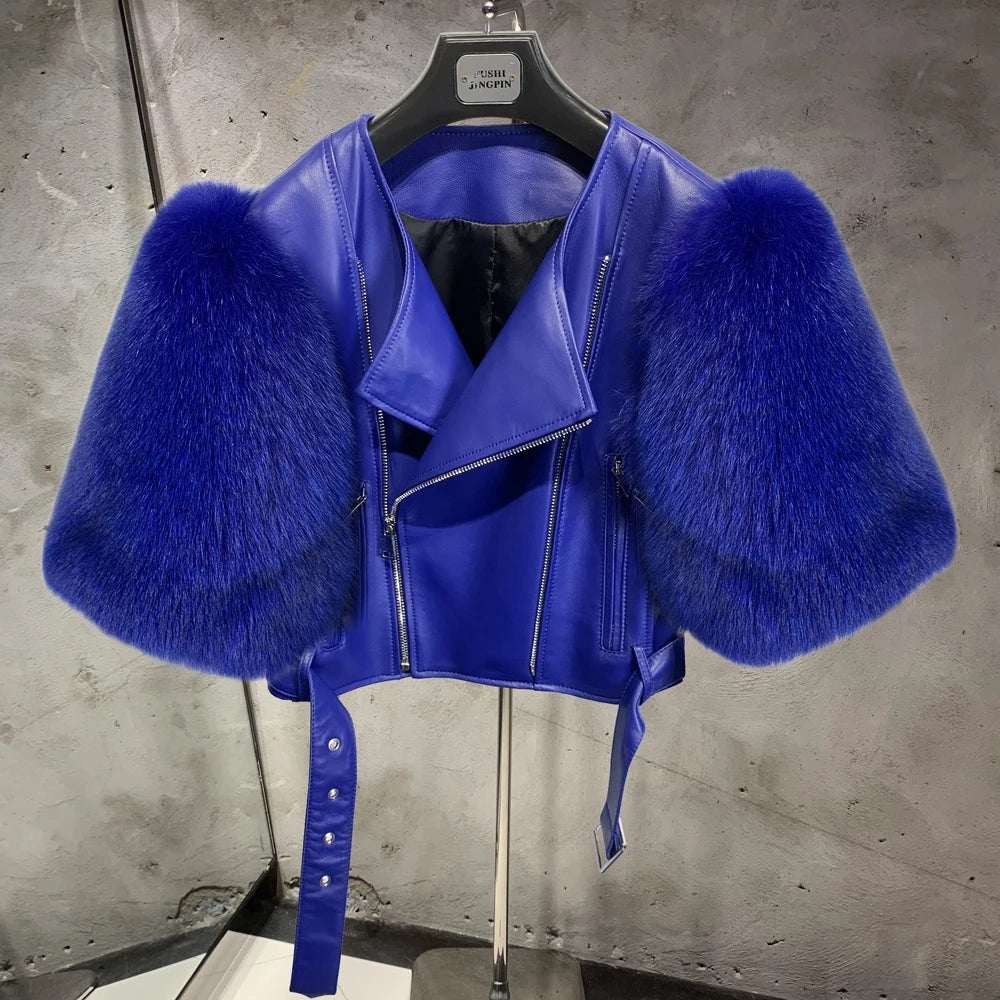 Leather Fur Jacket Natural Fur Sleeve Ladies Short Leather Jacket Real Fox Fur Sleeve Coat Women Autumn 21001-1