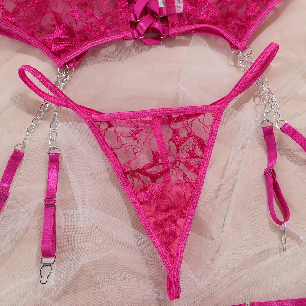 Fancy Floral Embroidery Lingerie Set Sexy Women Transparent Mesh Sheer Erotic Suit Metal Chain Bra Thong Garter Underwear Set