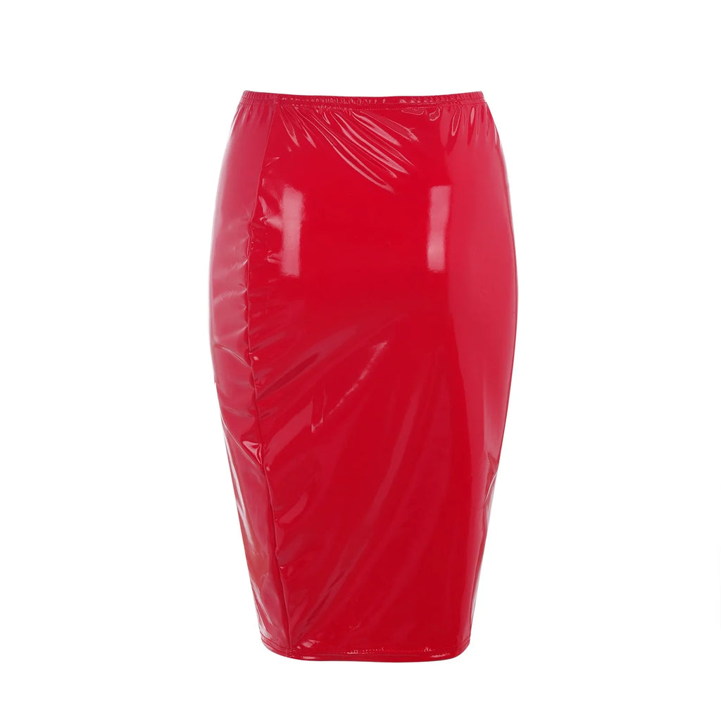Fashion Womens Leather Skirt Bright Pvc Patent Leather Sexy Hip Wrapped Pencil Skirt Woman Side Zipper High Waist Skinny Faldas