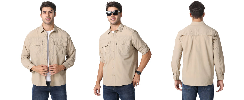 MAGCOMSEN Men UPF 50+ Safari Cargo Shirt Quick Dry Mesh Breathable Long Sleeve Zip Pockets Outdoor Hiking Fishing Work Tops