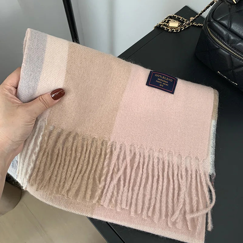 Faux Cashmere Plaid Scarf British Classic Style Light Luxury Unisex Warm Winter Autumn Neck Wrap for Couple