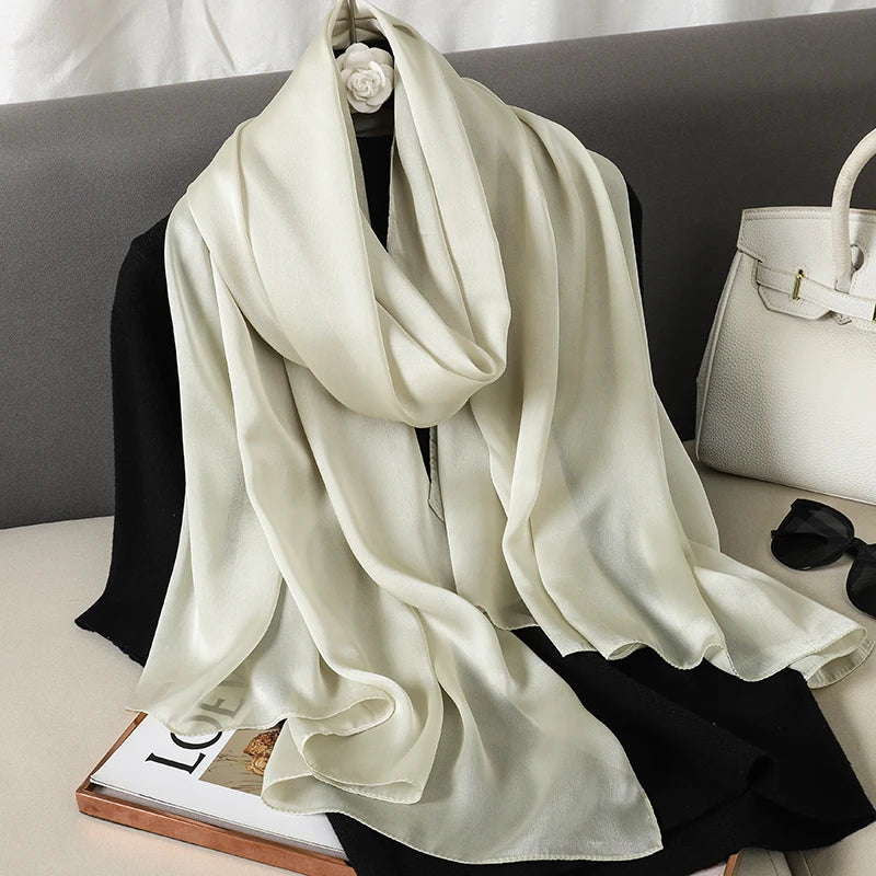 2024 Luxury Brand Silk Scarf for Women Large Shawl Wrap Headband Solid Design Hijab Beach Stoles Female Foulard Echarpe Bandana