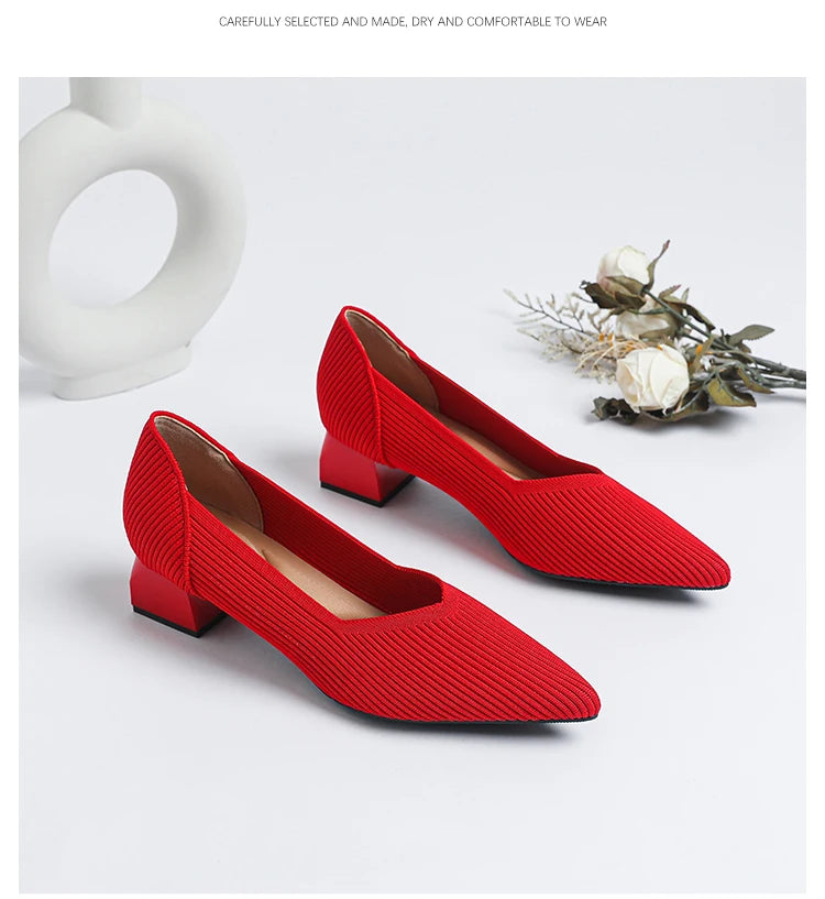 2026 New Women's High Heels Large 42/43 Fashion Pointed Anti slip Rubber Bottom Knitted Breathable Shoes